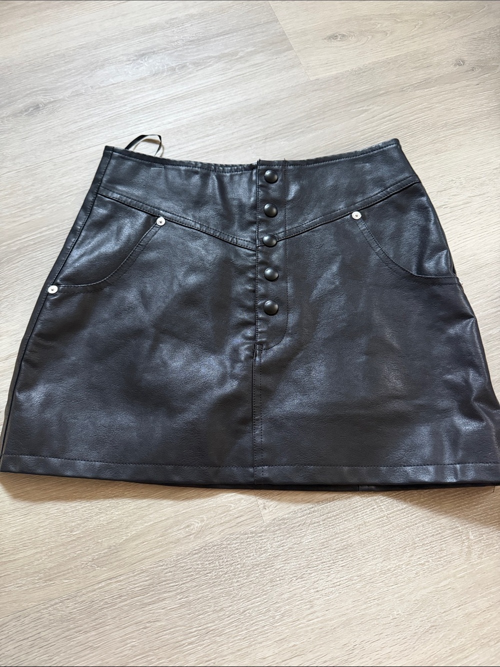Black Faux Leather Button-Front Mini Skirt